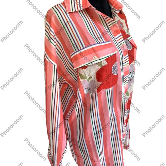 White Birch Small Pink & Red Floral & Striped Long Sleeve Button Blouse - Picture 4 of 5